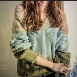 Young Fabulous & Broke Tie-Dye Distressed V-Neck Sweater M/L Cotton Blend Beige/